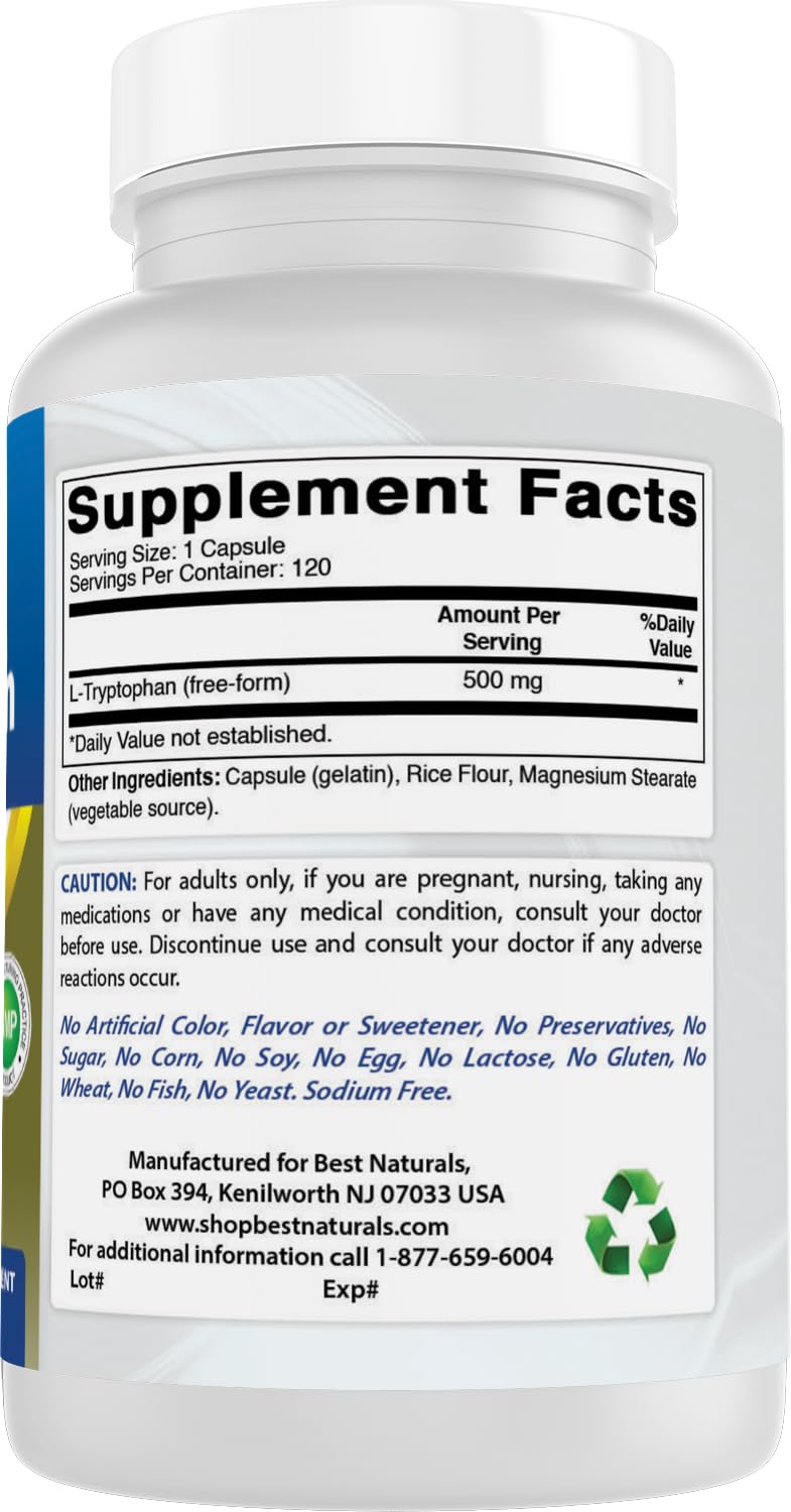 Best Naturals L-Tryptophan USA-made facility seal conveys quality.