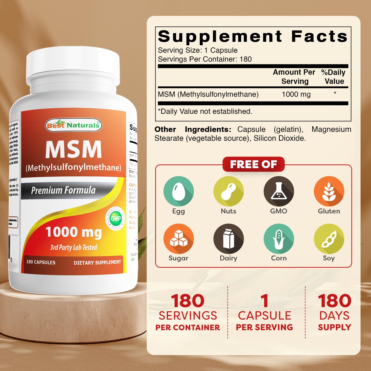 Best Naturals MSM capsules closeup highlighting 1000 mg dosage.