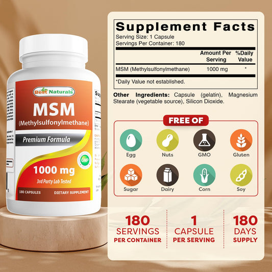 Best Naturals MSM capsules closeup highlighting 1000 mg dosage.