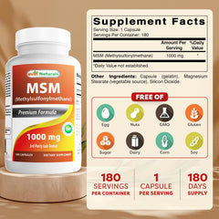 Best Naturals MSM capsules closeup highlighting 1000 mg dosage.