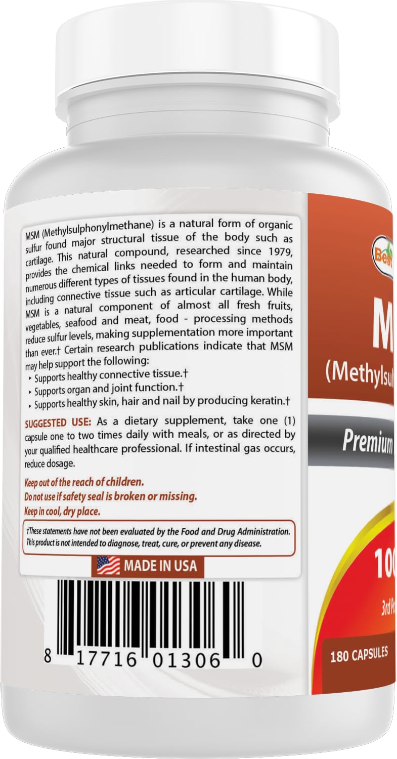 Best Naturals MSM non-GMO and gluten-free claim supports dietary choices.