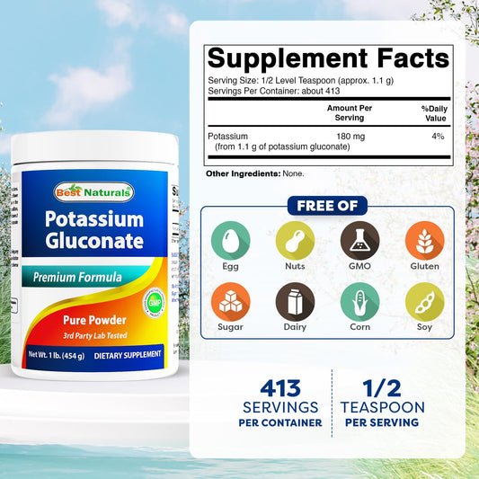 Scoop beside potassium gluconate powder showing easy daily dosing
