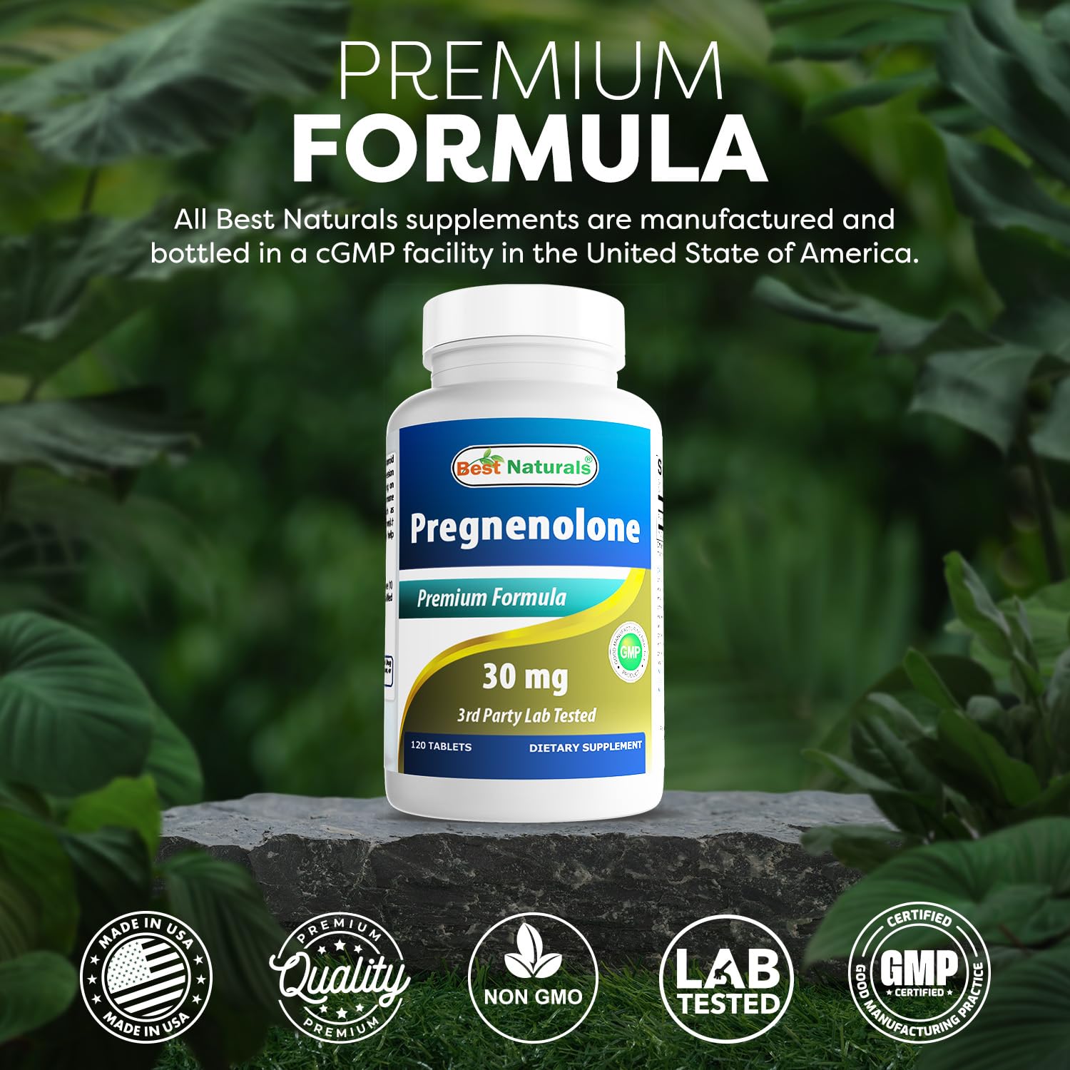 Best Naturals Pregnenolone bottle label highlights testing and purity