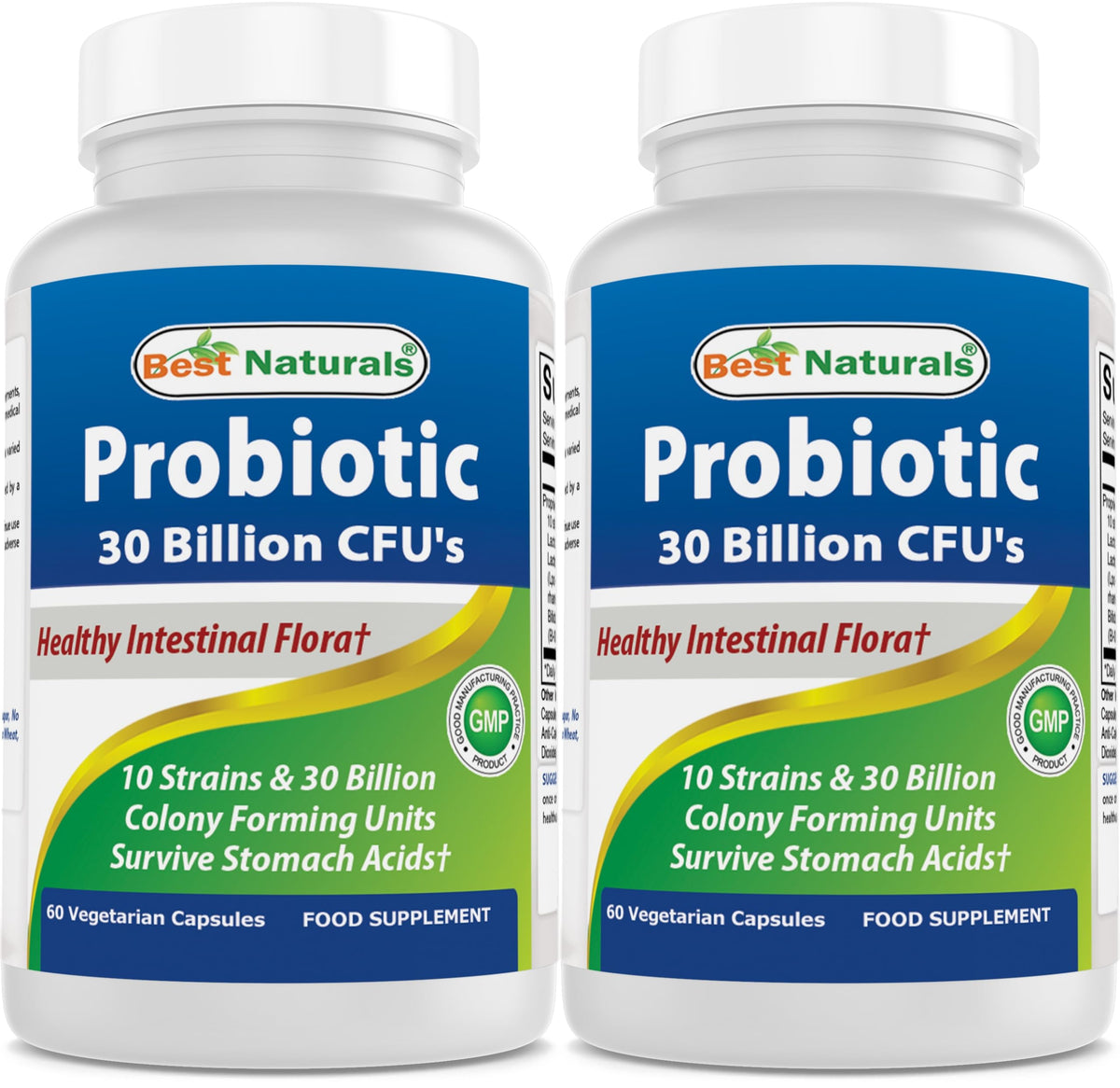 Best Naturals Probiotic bottle front shows 10 strains and 30B CFU for daily use.