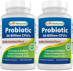 Best Naturals Probiotic bottle front shows 10 strains and 30B CFU for daily use.