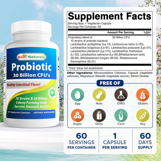 Best Naturals probiotic bottle side panel highlighting 60 vegan capsules per bottle.