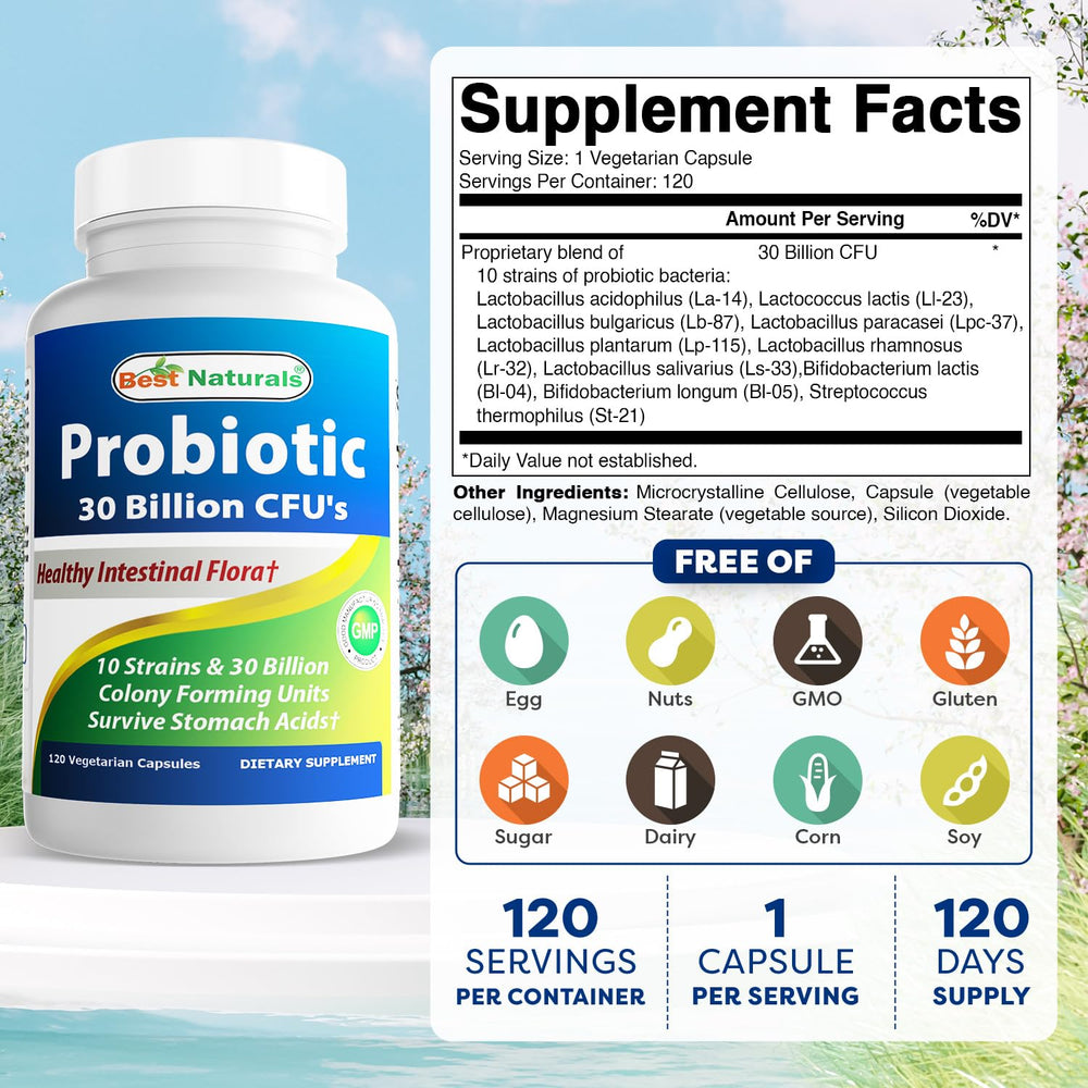 Best Naturals Probiotic 30B CFU bottle closeup highlights shelf-stable formula