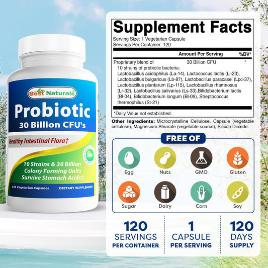 Best Naturals Probiotic 30B CFU bottle closeup highlights shelf-stable formula