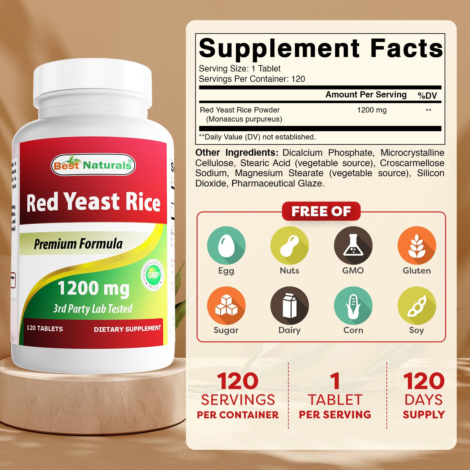Close-up of Best Naturals Red Yeast Rice 1200 mg tablets for daily use