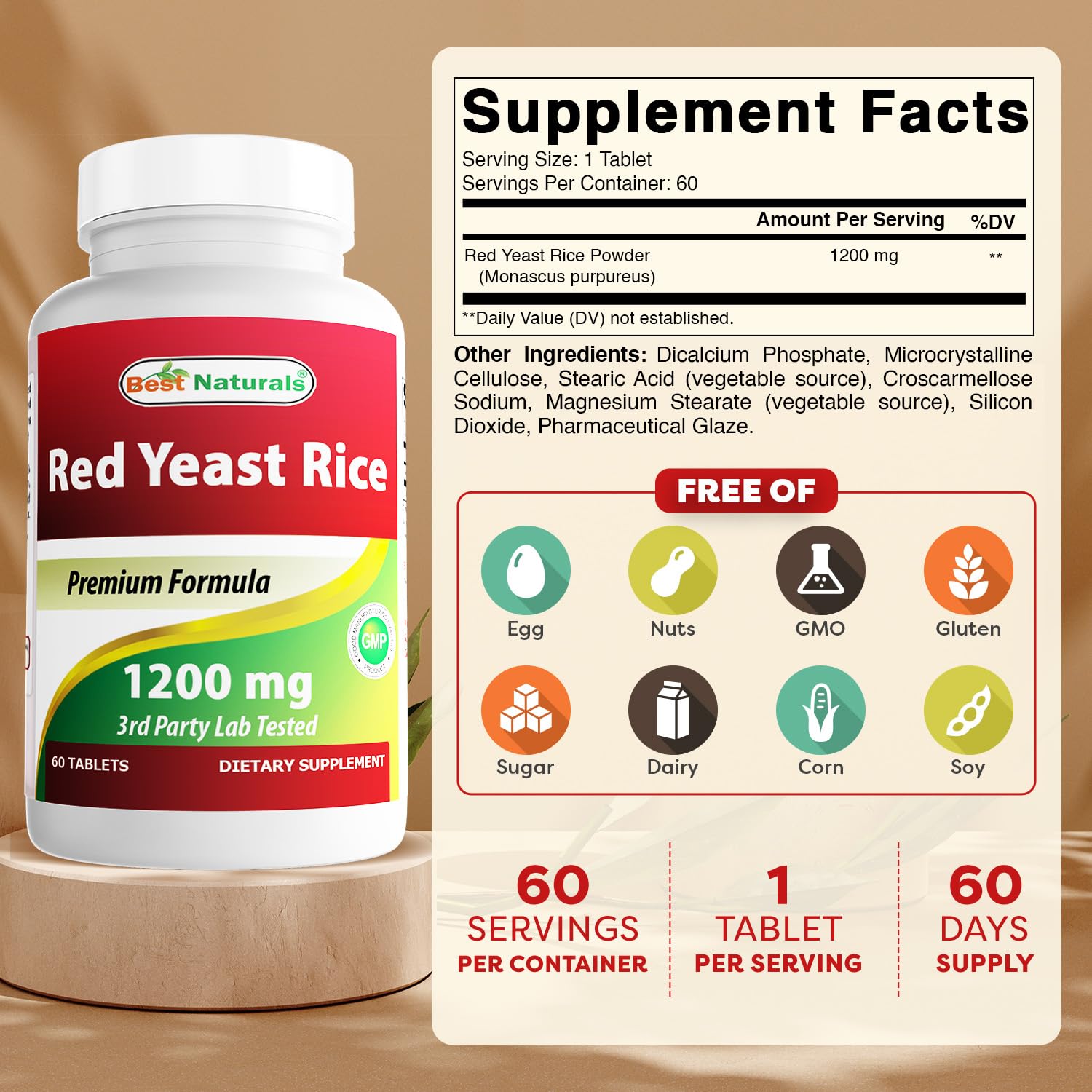 Best Naturals Red Yeast Rice bottle side label with supplement details