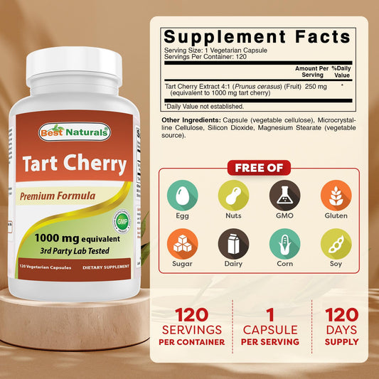 Best Naturals Tart Cherry Extract capsules pouring from bottle, non-GMO and gluten-free