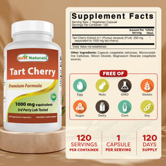 Best Naturals Tart Cherry Extract capsules pouring from bottle, non-GMO and gluten-free