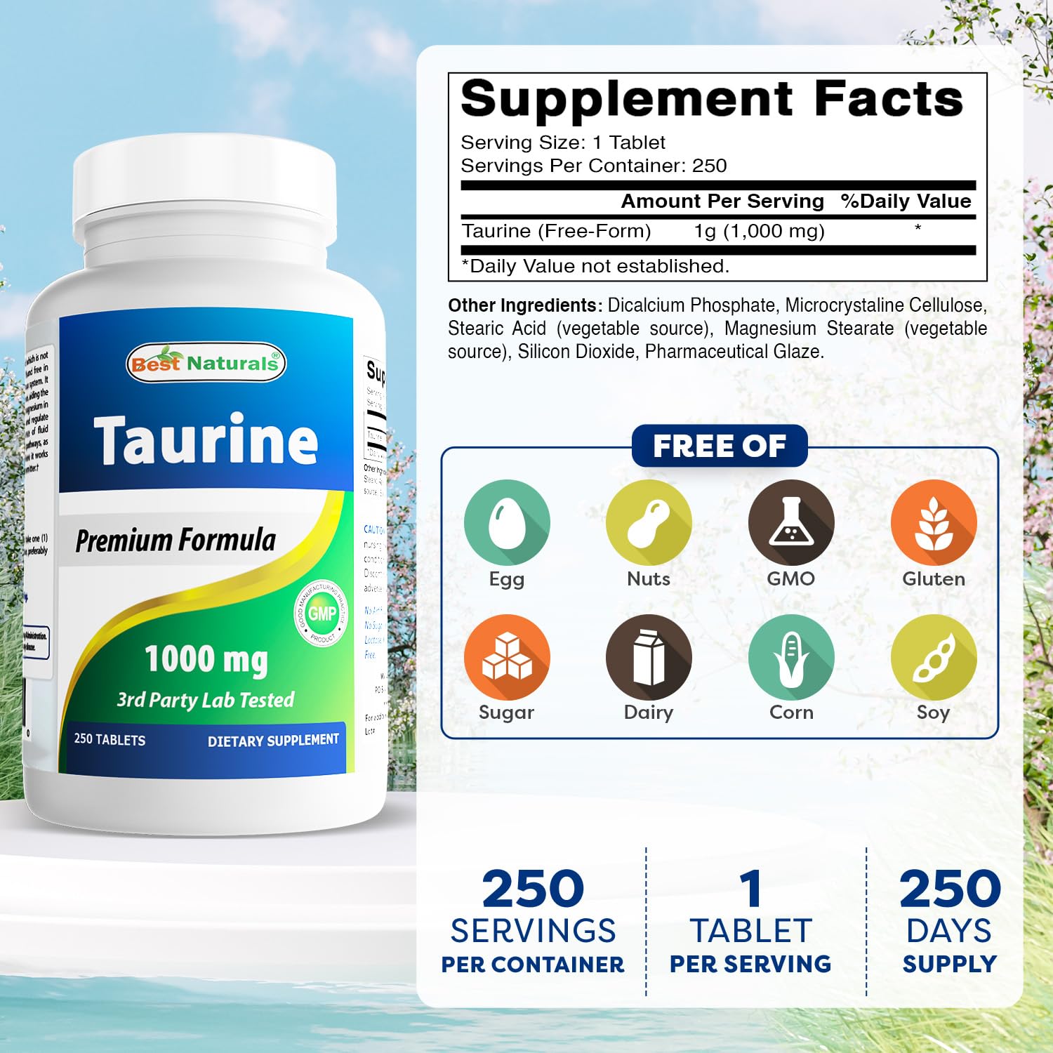 Best Naturals Taurine 1000 mg tablets close-up highlighting potency.