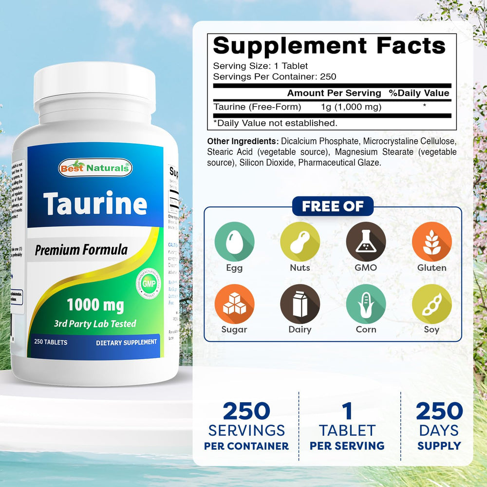 Best Naturals Taurine 1000 mg tablets close-up highlighting potency.