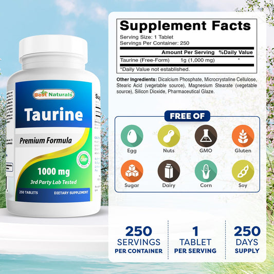 Best Naturals Taurine 1000 mg tablets close-up highlighting potency.