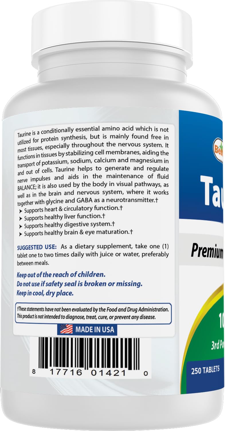 Best Naturals Taurine 250-tablets pack emphasizes value and Qty.