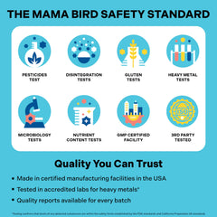 Best Nest Wellness Mama Bird packaging showcasing gluten-free and non-GMO features