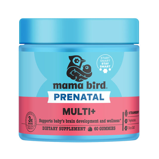 Best Nest Wellness Mama Bird Prenatal Multi Plus strawberry bottle showing brain and digestion support