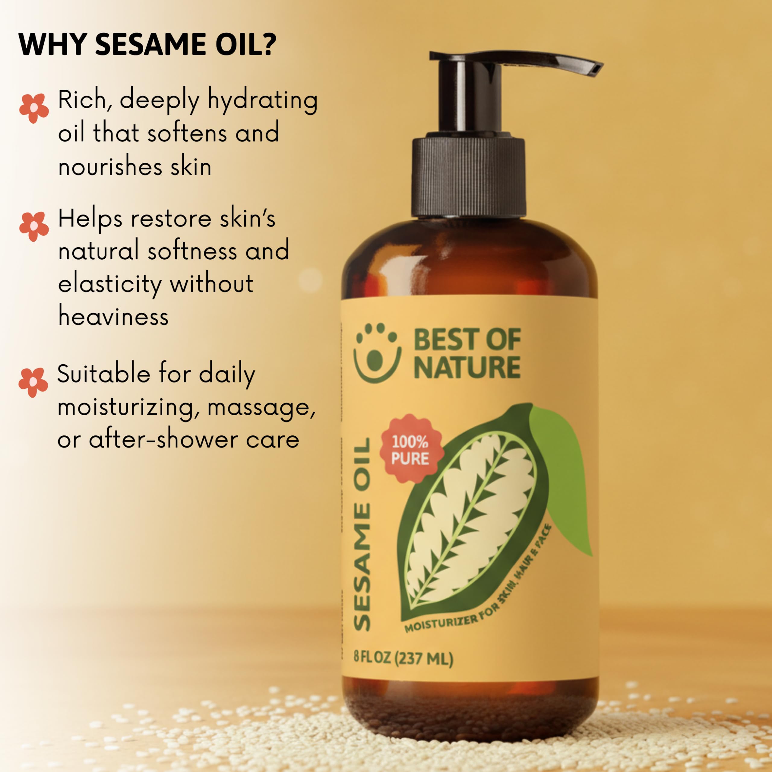 Best of Nature sesame oil Made in USA badge reflects small-batch craftsmanship