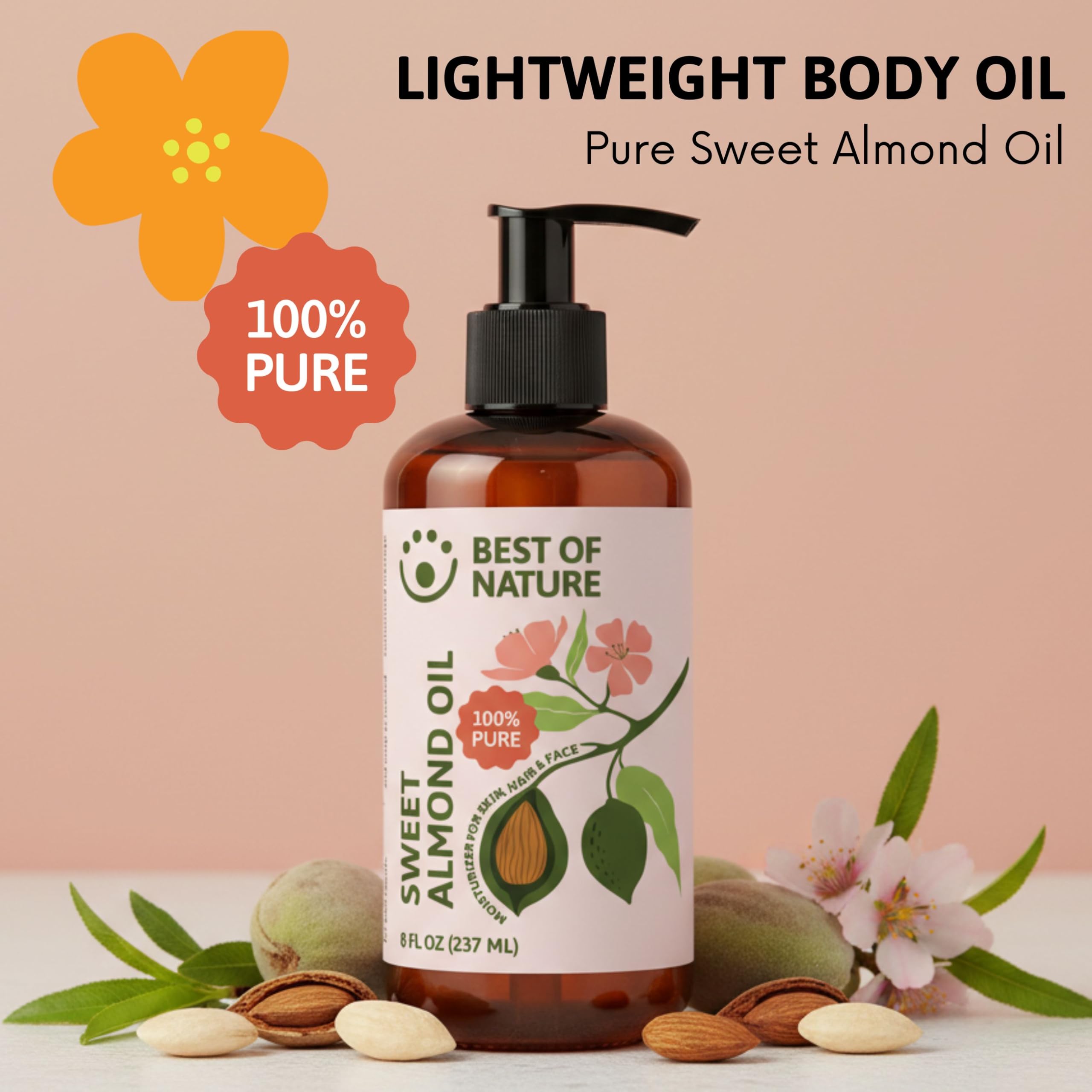 Best of Nature almond oil in amber bottle highlighting purity.
