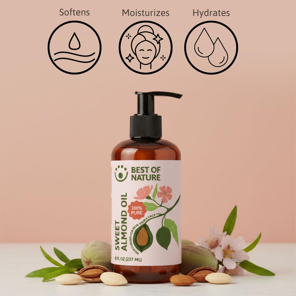 Best of Nature cold-pressed almond oil ingredients close-up.