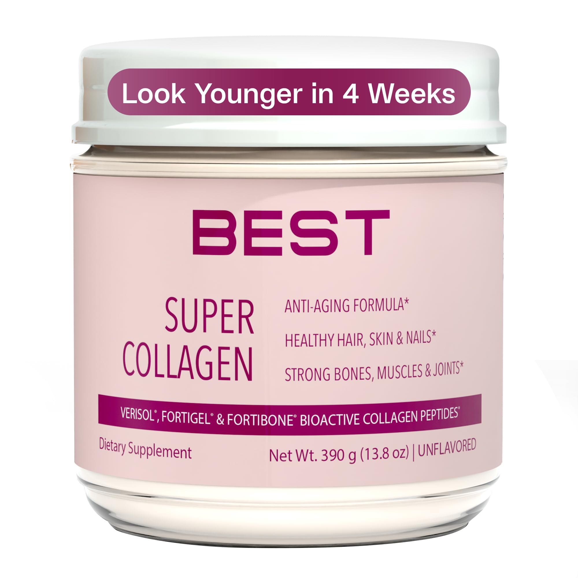 BEST Supplements FORTIBONE Collagen bottle shows three-peptide blend for bone and skin support.