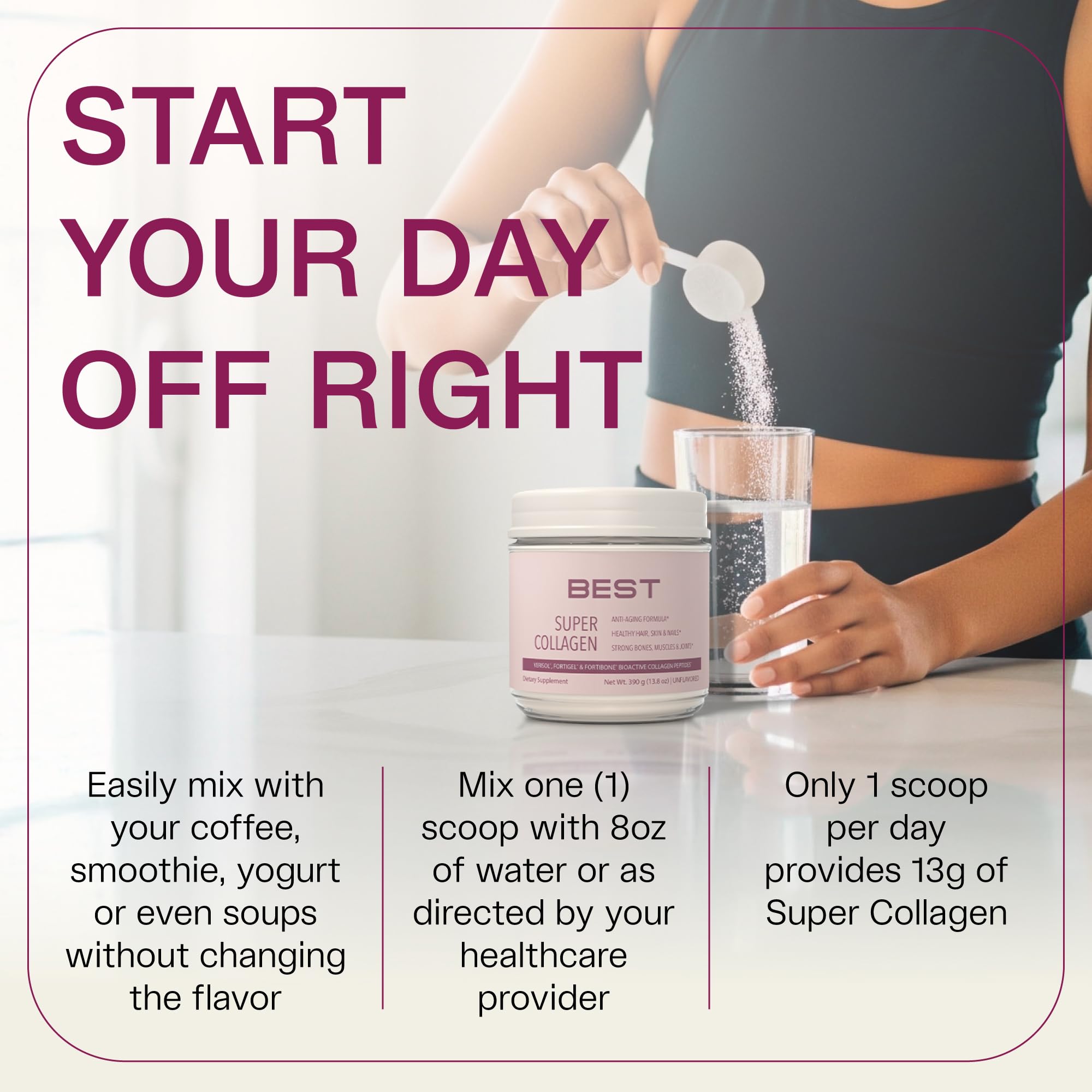 Collagen powder being added to coffee for a quick, seamless daily boost.