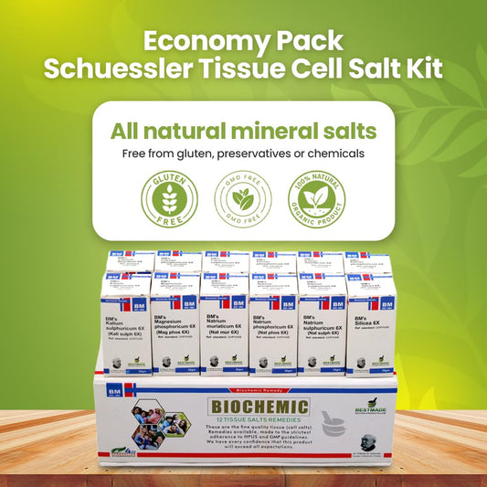 Bestmade 12-bottle cell salts set showing diverse remedies for daily balance.