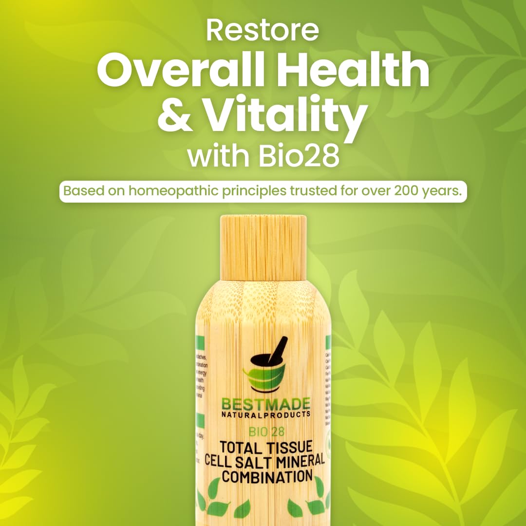 Bestmade BIO28 Total Tissue Salt bottle front highlighting wellness and portability.