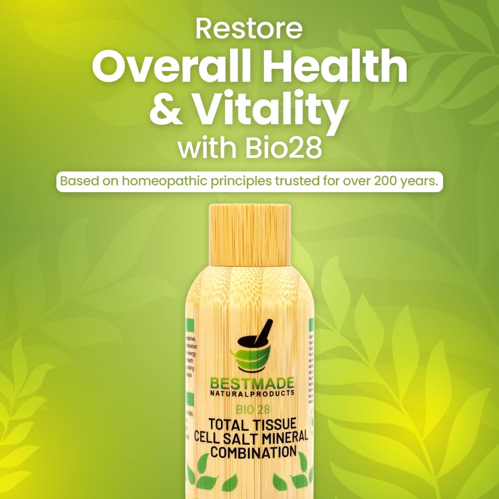 Bestmade BIO28 Total Tissue Salt bottle front highlighting wellness and portability.