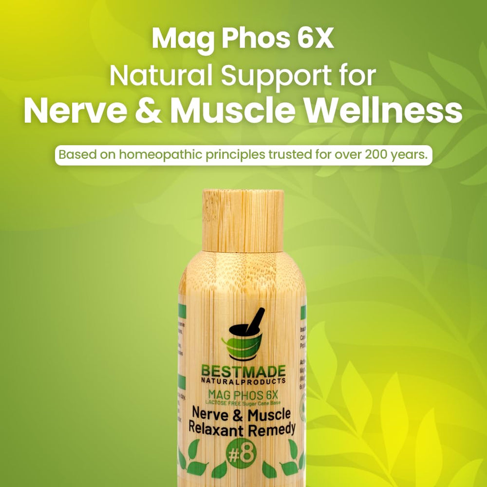 Close-up of Bestmade Magnesia Phosphorica 6X bottle label showing vegan, lactose-free formula.