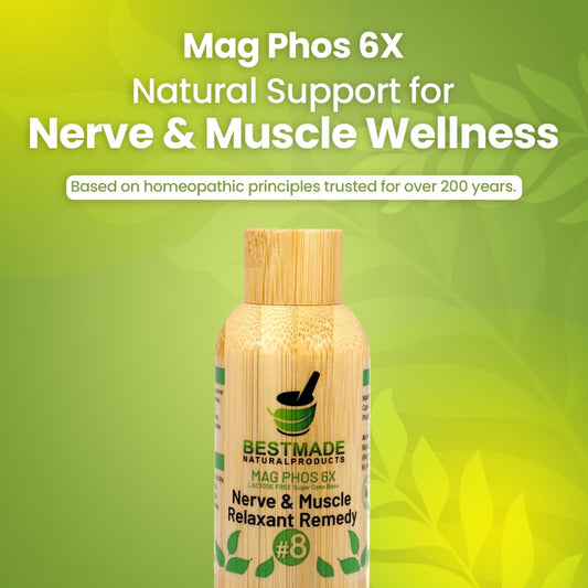 Close-up of Bestmade Magnesia Phosphorica 6X bottle label showing vegan, lactose-free formula.