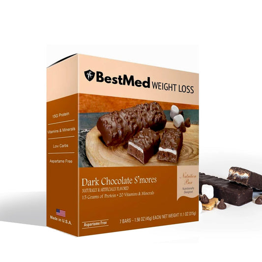BestMed Dark Chocolate S'mores bar box for quick meal replacement with 15g protein.