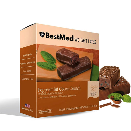 BestMed High-Protein Bar Peppermint Cocoa box to curb cravings and boost energy.