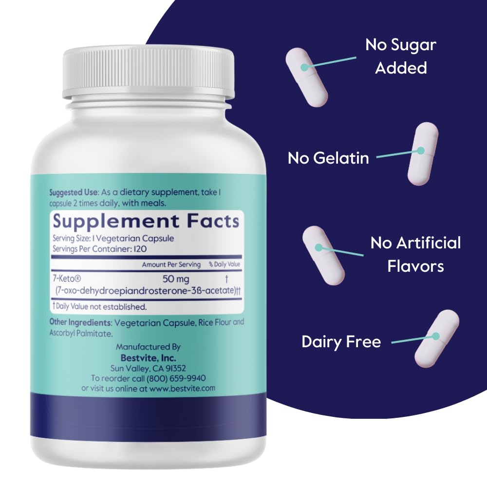 Label detail on BESTVITE 7-Keto showing no stearates and gluten-free features