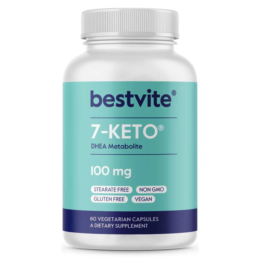 BESTVITE 7-Keto capsules closeup highlighting a vegan, additive-free formula for energy support