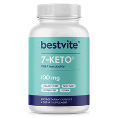 BESTVITE 7-Keto capsules closeup highlighting a vegan, additive-free formula for energy support