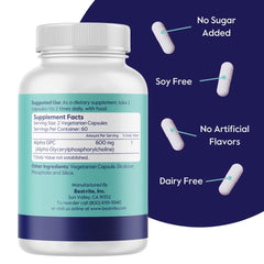 Bestvite Alpha GPC 600mg bottle label highlights vegan, gluten-free formula