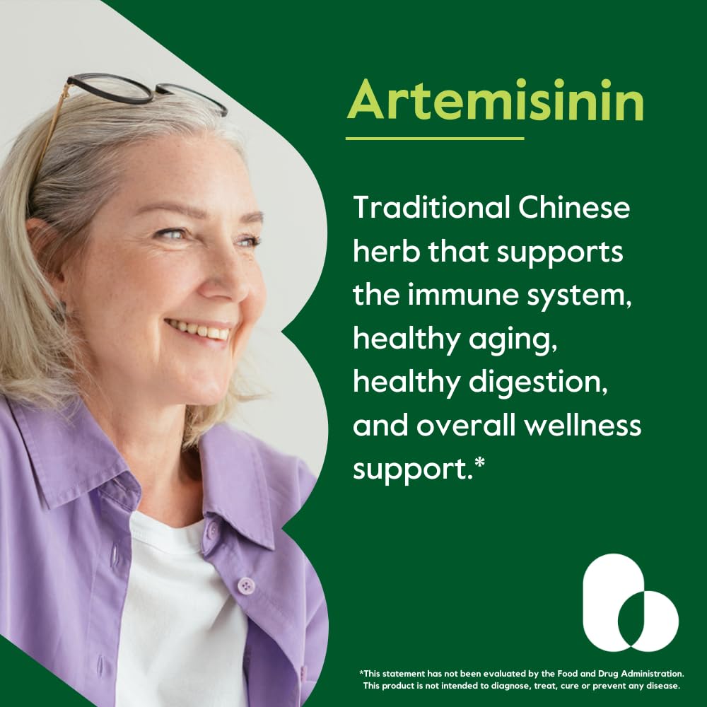 BESTVITE Artemisinin capsules close-up highlighting 100 mg potency and vegan formula.