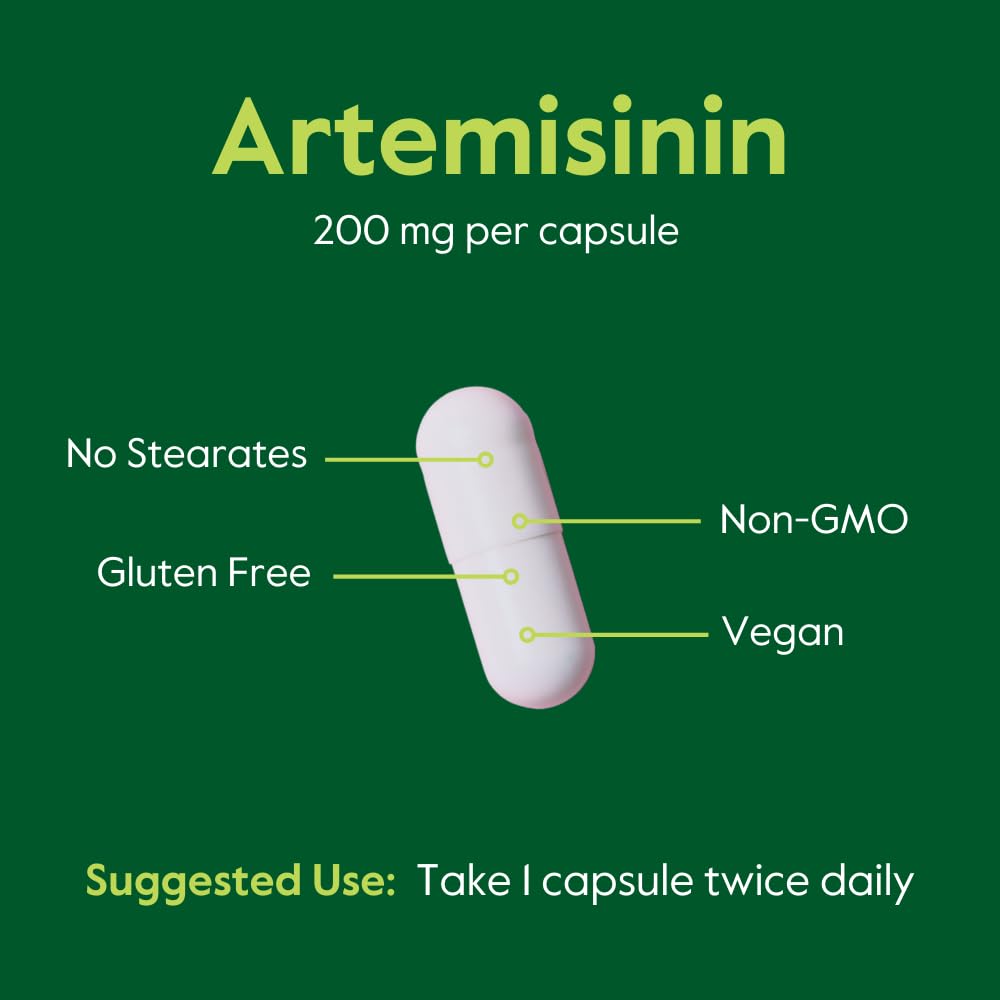 Ingredient panel highlights pure, stearate-free Artemisinin formula.