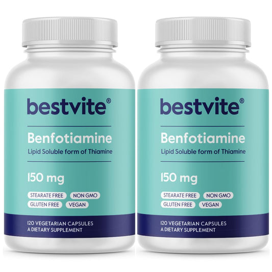 BESTVITE Benfotiamine bottle front, vegan supplement for daily wellness.