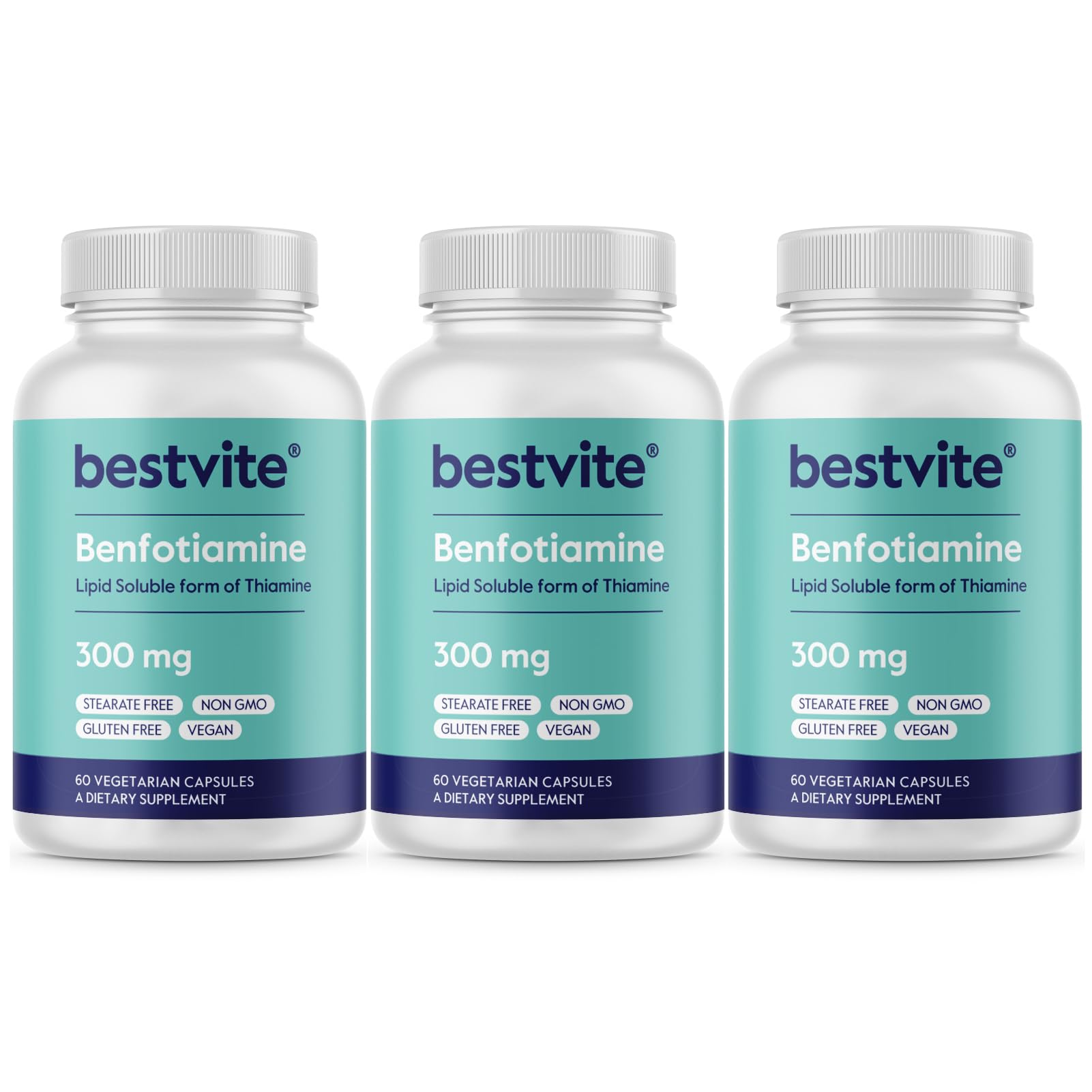 Bestvite Benfotiamine 300mg capsules on bottle, supporting nervous system function