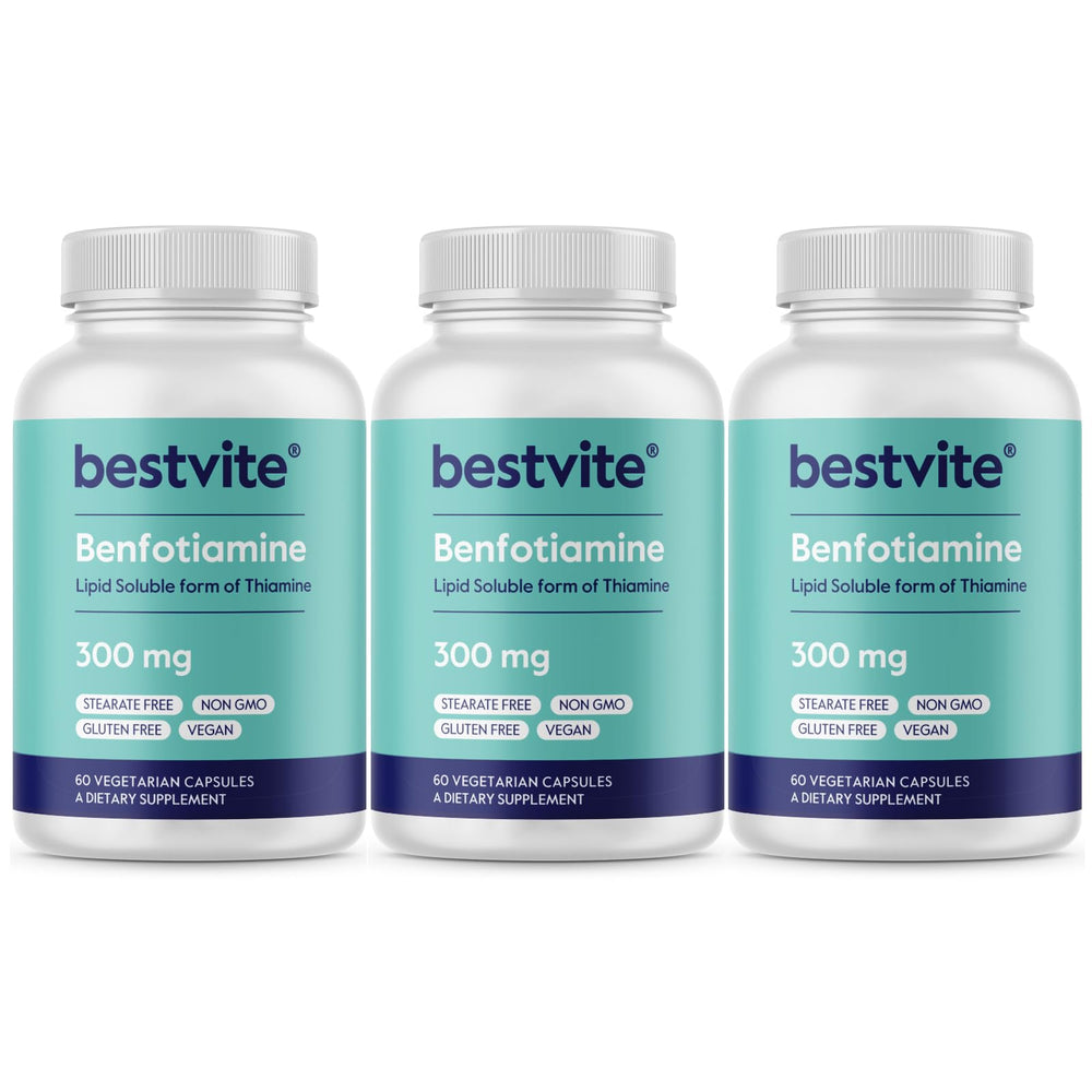 Bestvite Benfotiamine 300mg capsules on bottle, supporting nervous system function