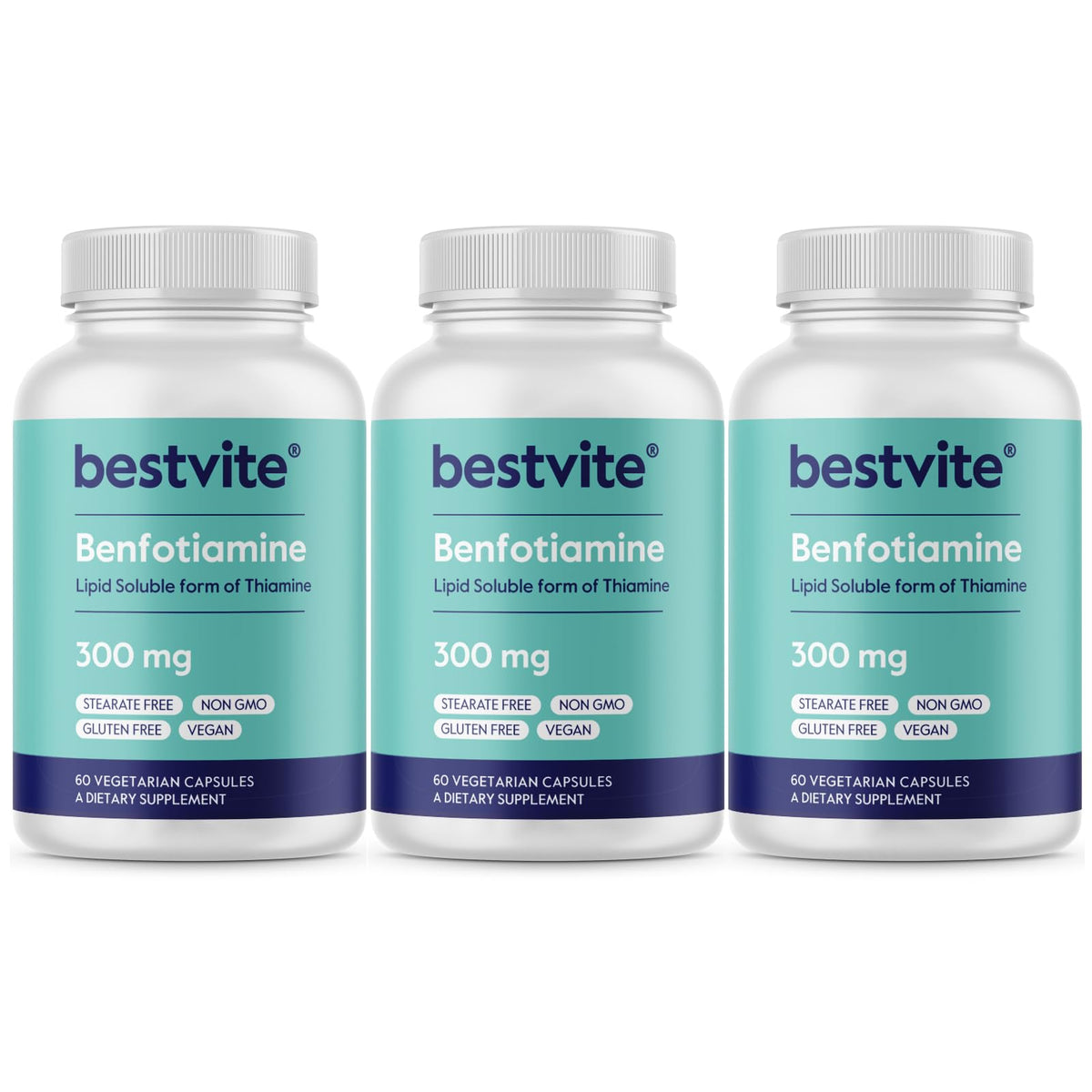 Bestvite Benfotiamine 300mg capsules on bottle, supporting nervous system function
