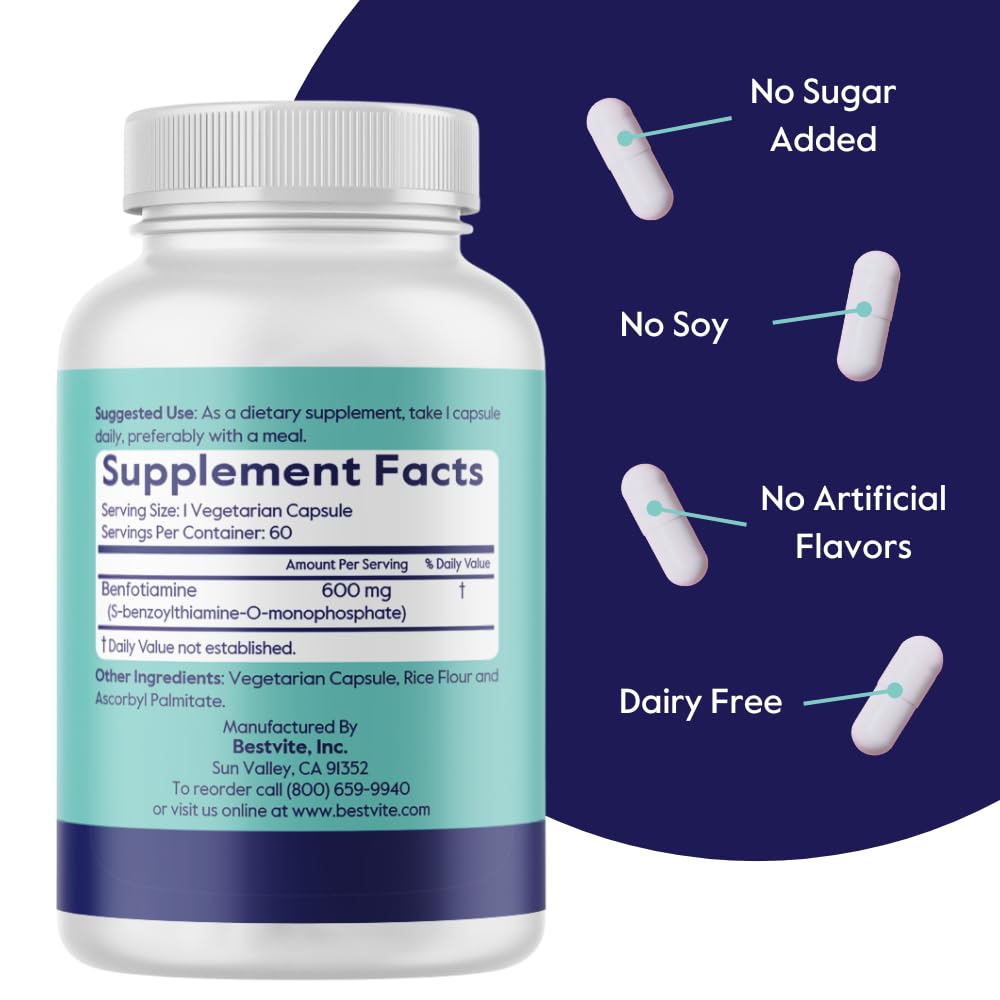 BESTVITE Benfotiamine 600 mg ingredient panel shows bioavailable B1 form