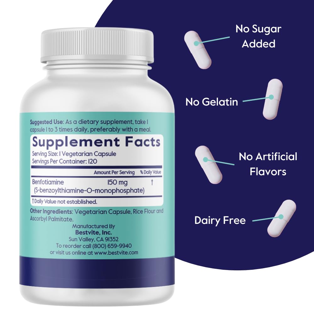 BESTVITE Benfotiamine label information highlighting vegan, gluten-free formula.
