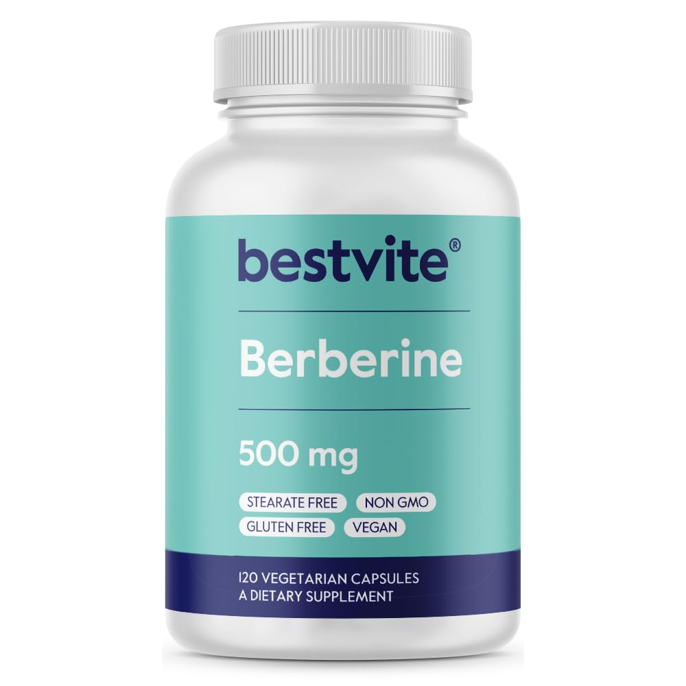 Bestvite Berberine 500mg bottle front view highlighting potency and purity.