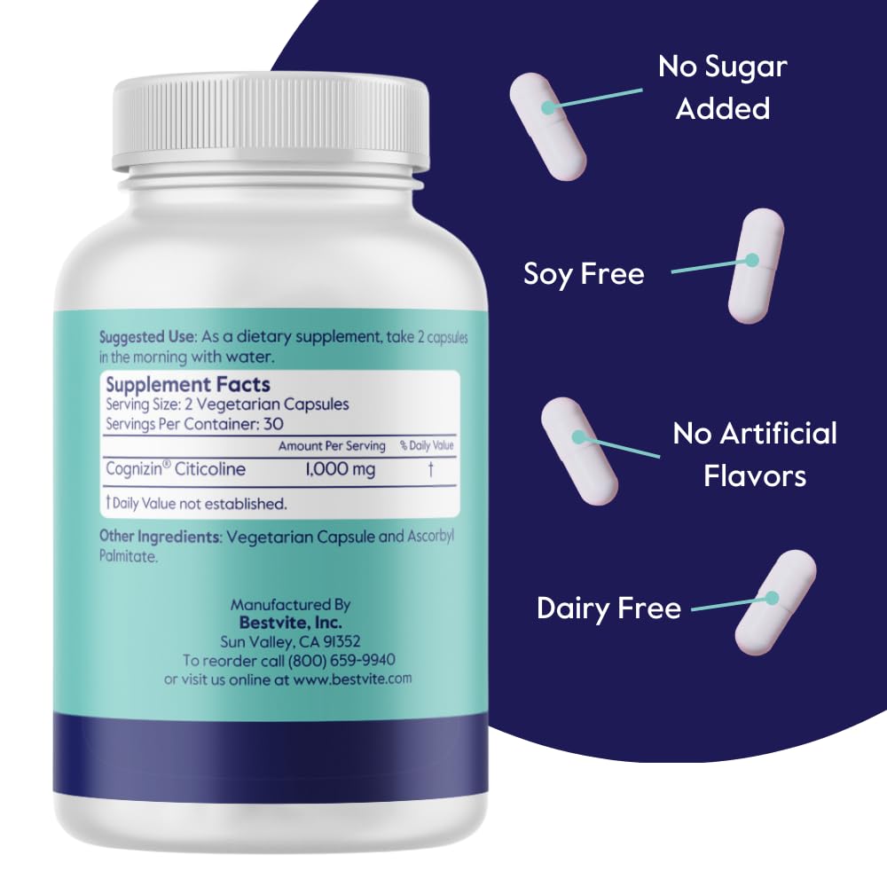 BESTVITE Cognizin label with ingredients communicates purity and non-GMO vegan formula.