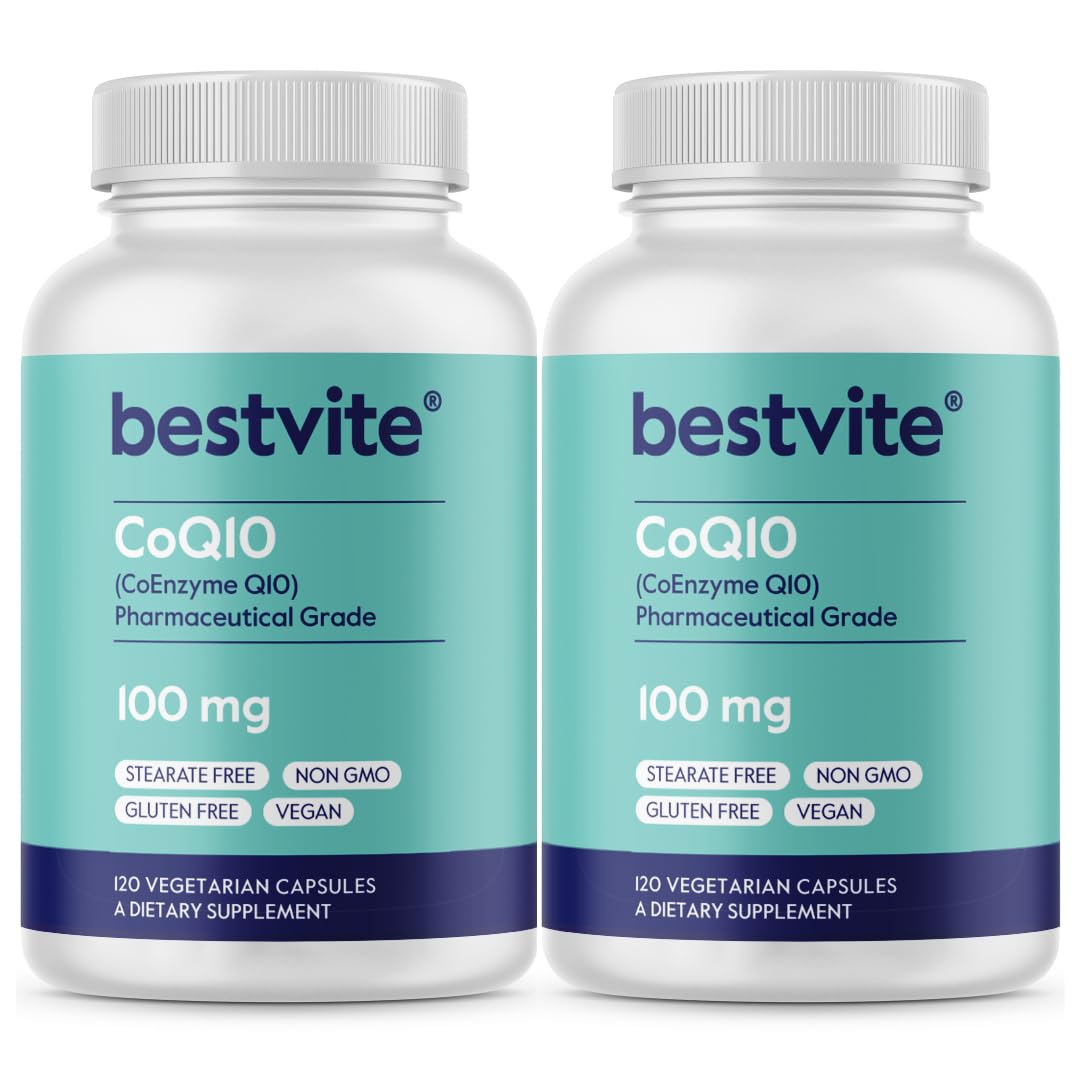 BESTVITE CoQ10 bottle front view highlighting vegan, non-GMO formulation for daily wellness.