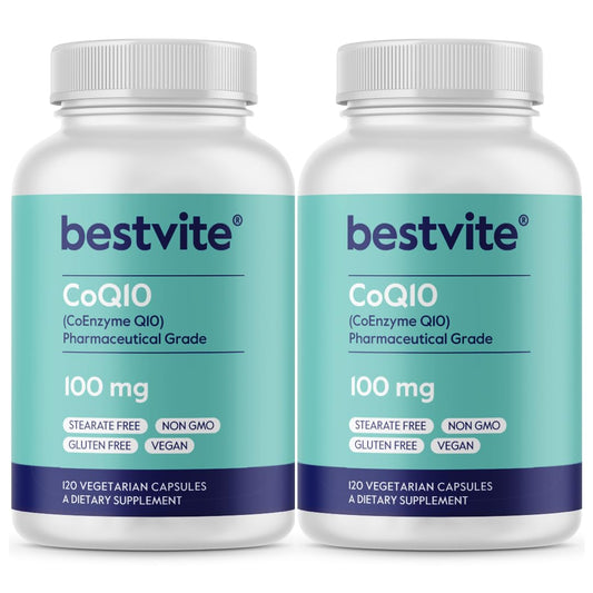 BESTVITE CoQ10 bottle front view highlighting vegan, non-GMO formulation for daily wellness.